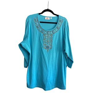 Quacker Factory Womens 2X Turquoise Embellished Scoop Neck 3/4 Sleeve Top